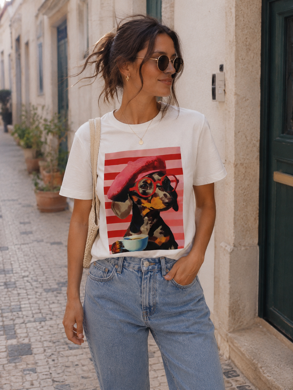 Camiseta Branca Estampada Teckel com Boina Rosa