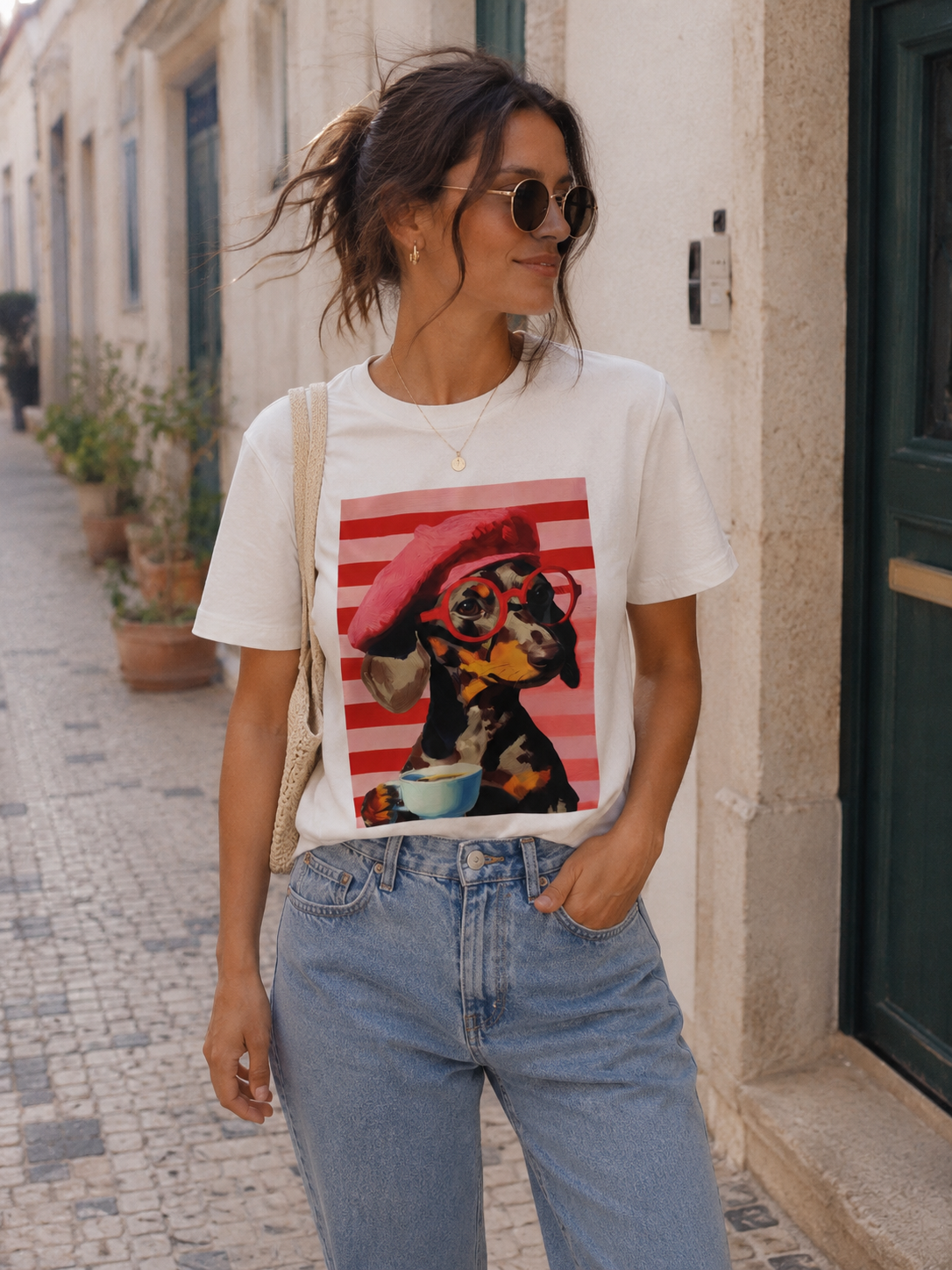 Camiseta Branca Estampada Teckel com Boina Rosa