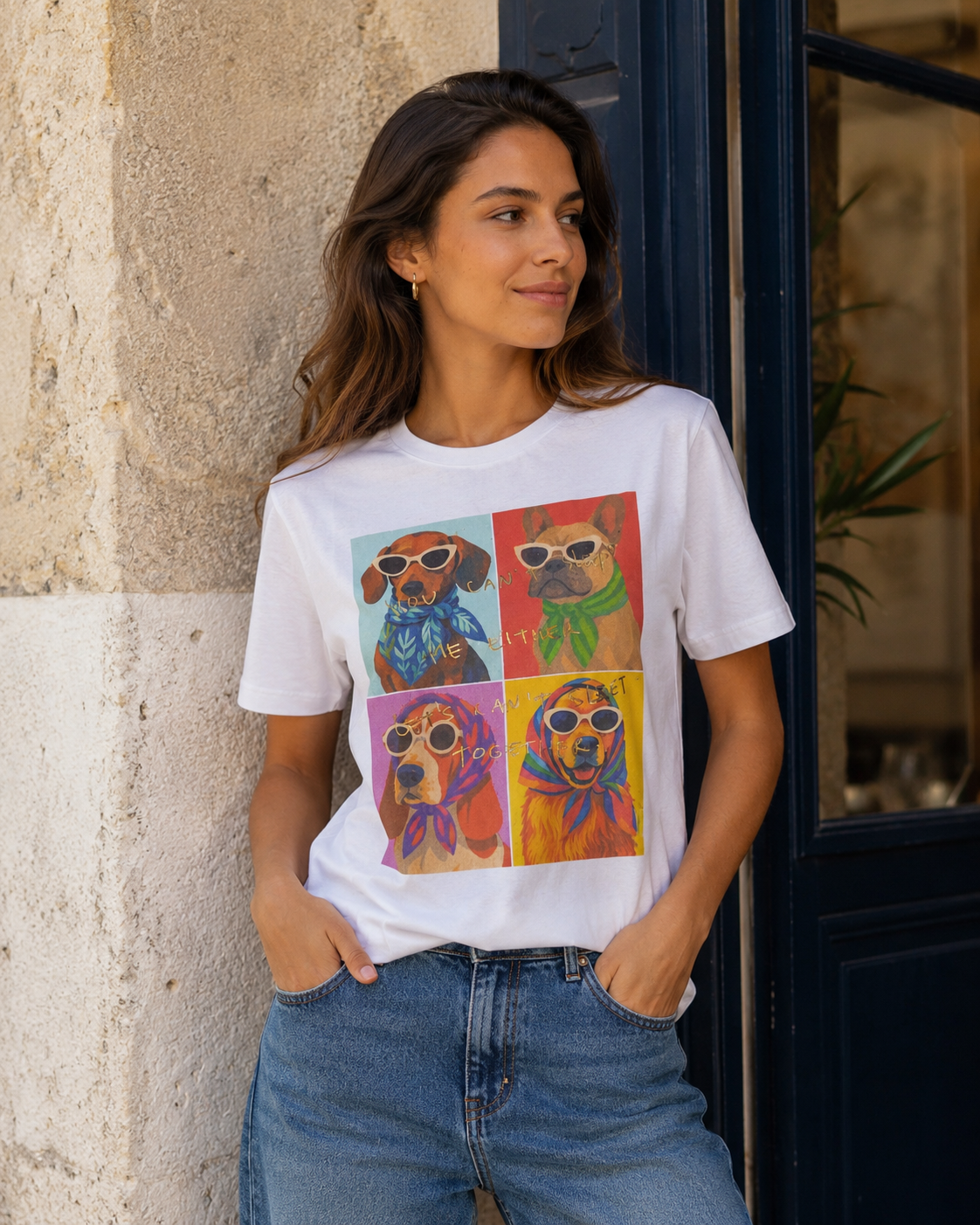 T-shirt branca estampada com cães coloridos