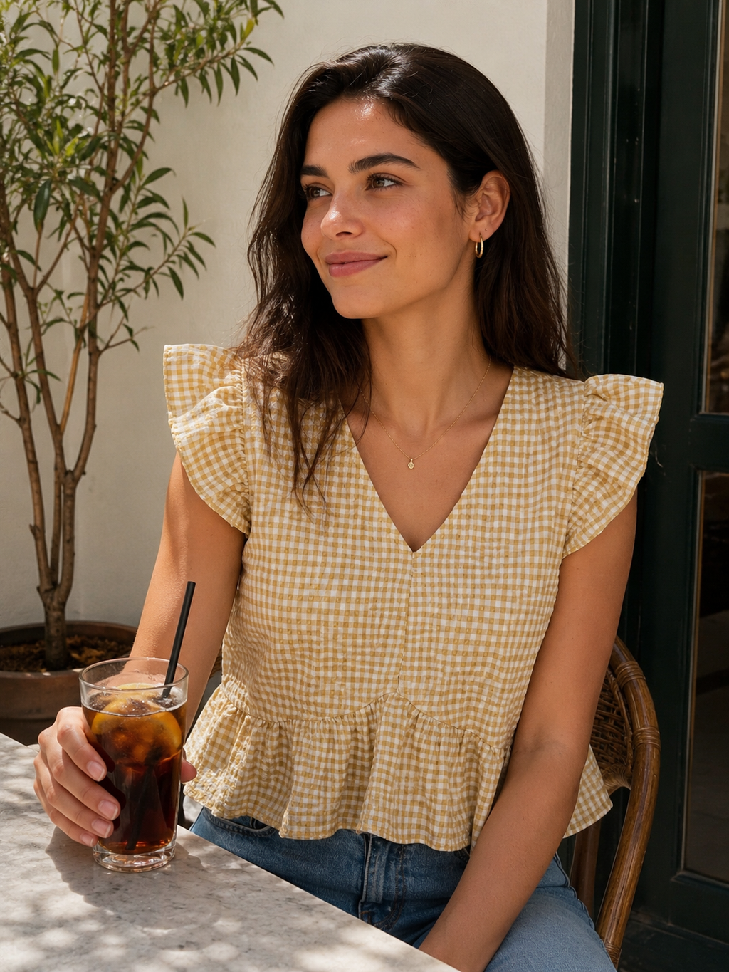 Blusa Xadrez Amarela com Folhos