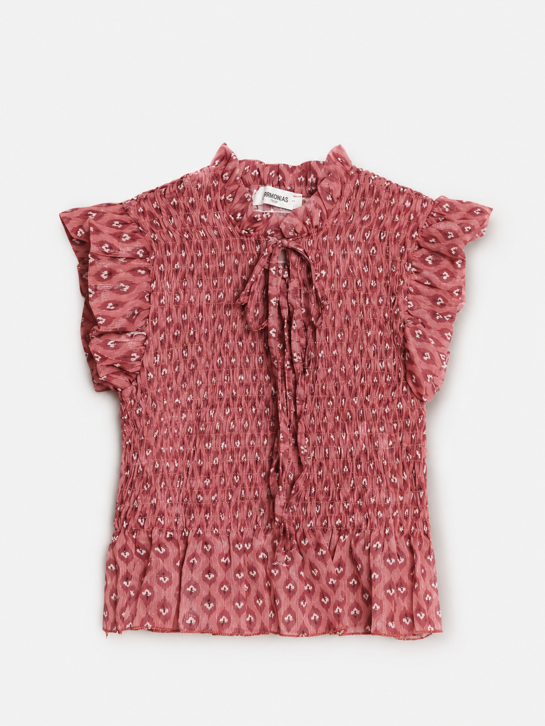 Blusa Rosa Estampada com Ninho de Abelha e Folhos