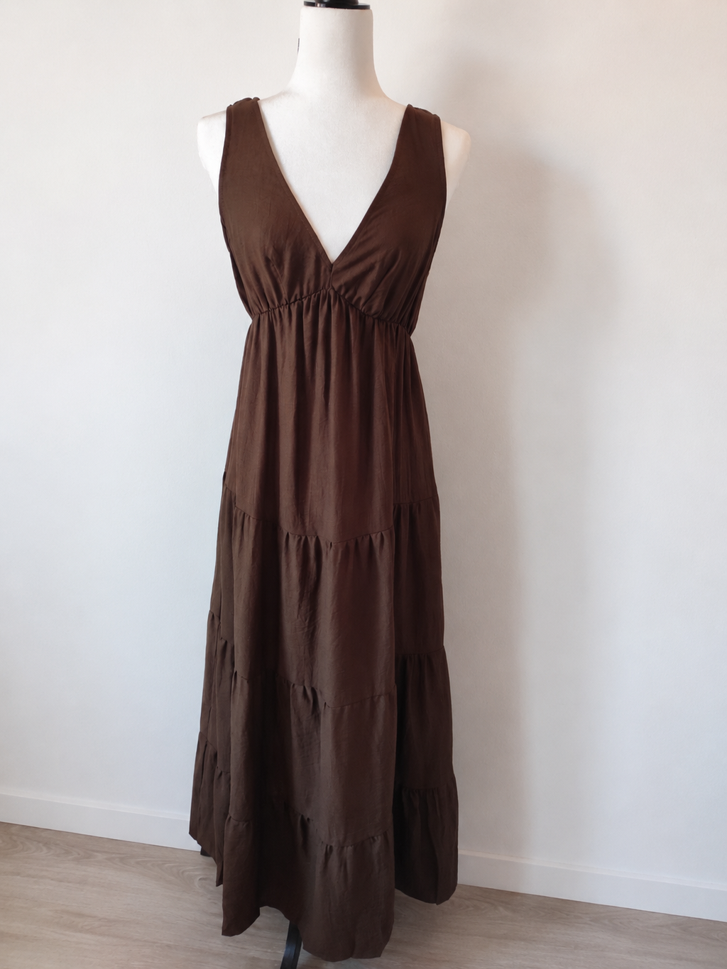 Vestido Comprido Castanho em Mistura de Linho