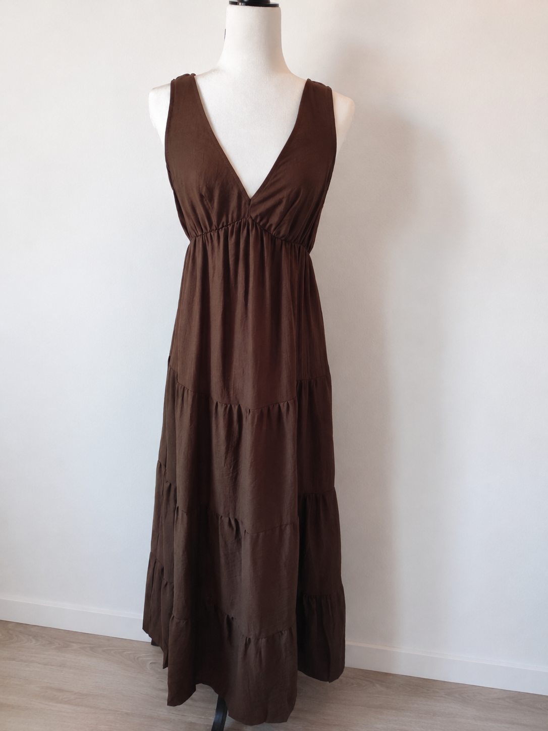 Vestido Comprido Castanho em Mistura de Linho