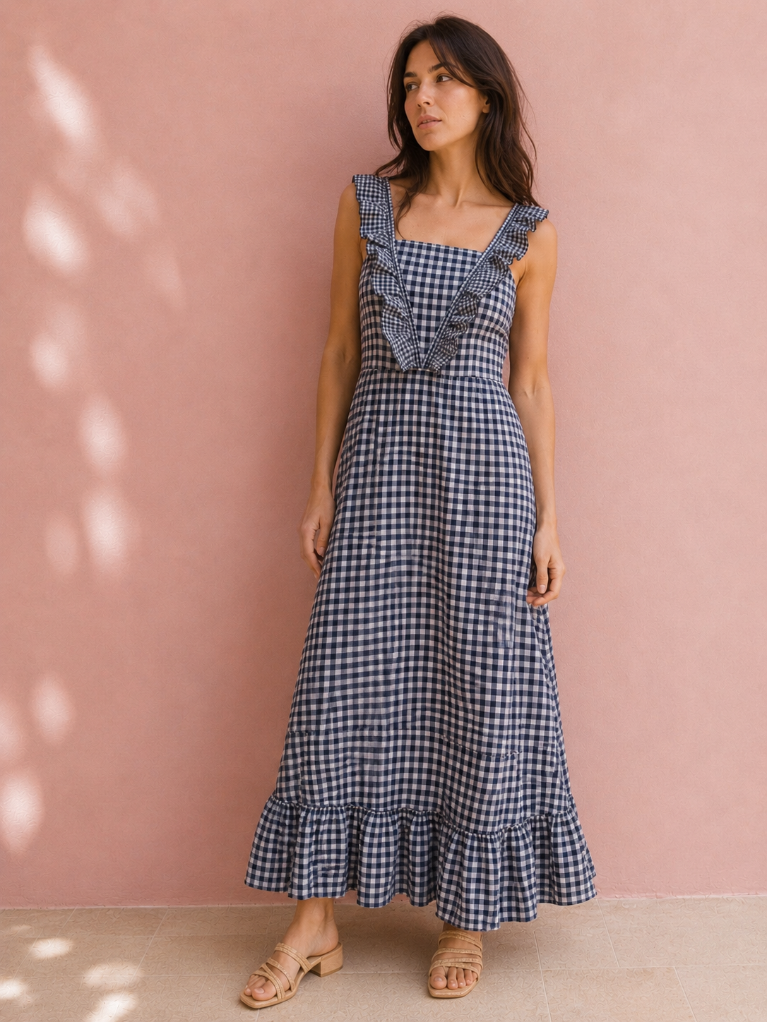 Vestido Midi Xadrez com Folhos