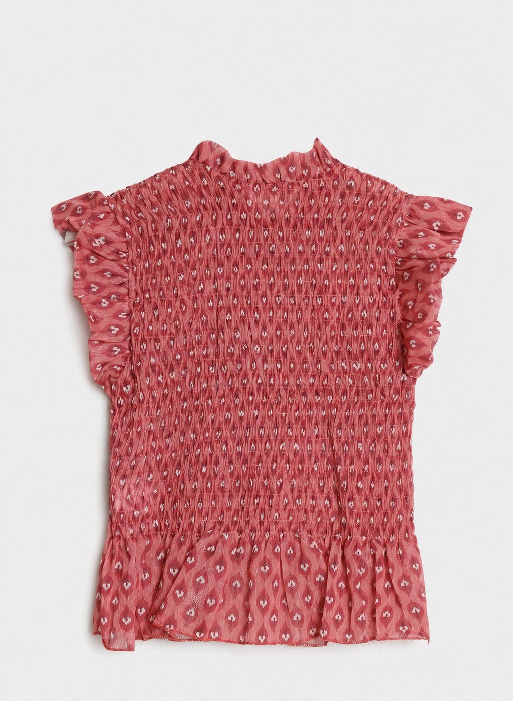 Blusa Rosa Estampada com Ninho de Abelha e Folhos