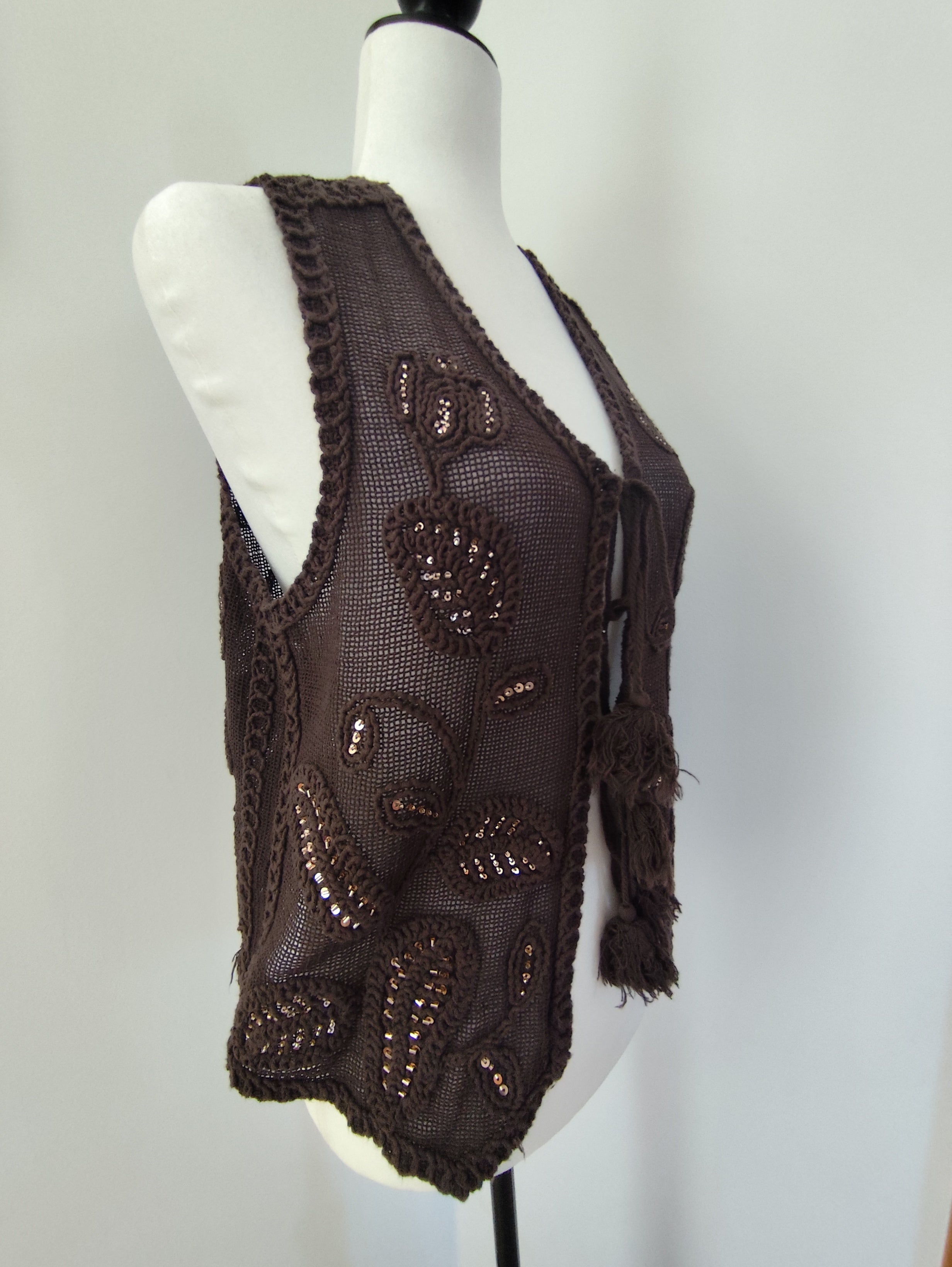 Colete Boho Bordado Castanho com Lantejoulas